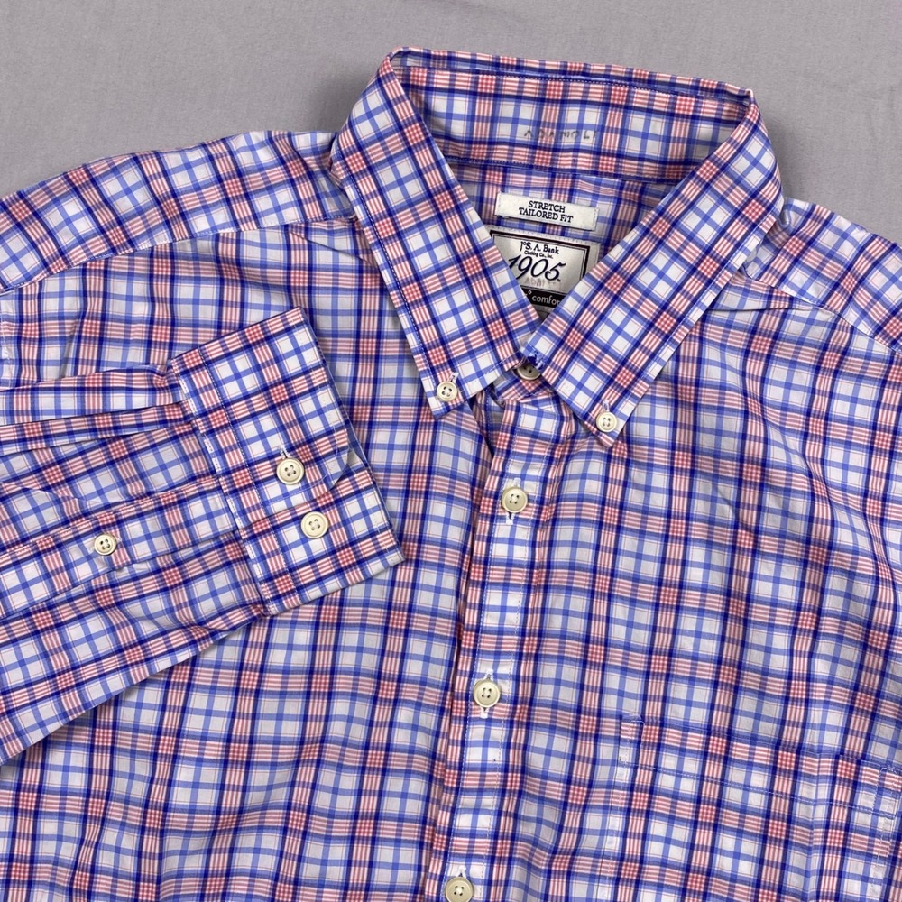 Jos A Bank 1905 Stretch Tailored Fit Dress Shirt Mens XL Blue‎ Pink Plaid Cotton